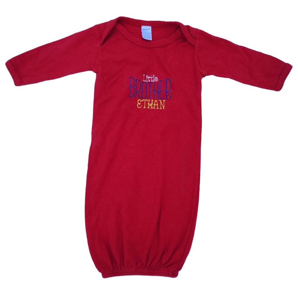 Baby Boys Custom "Little Brother Ethan" Gown Red Monag 3-6 Months 100% Cotton